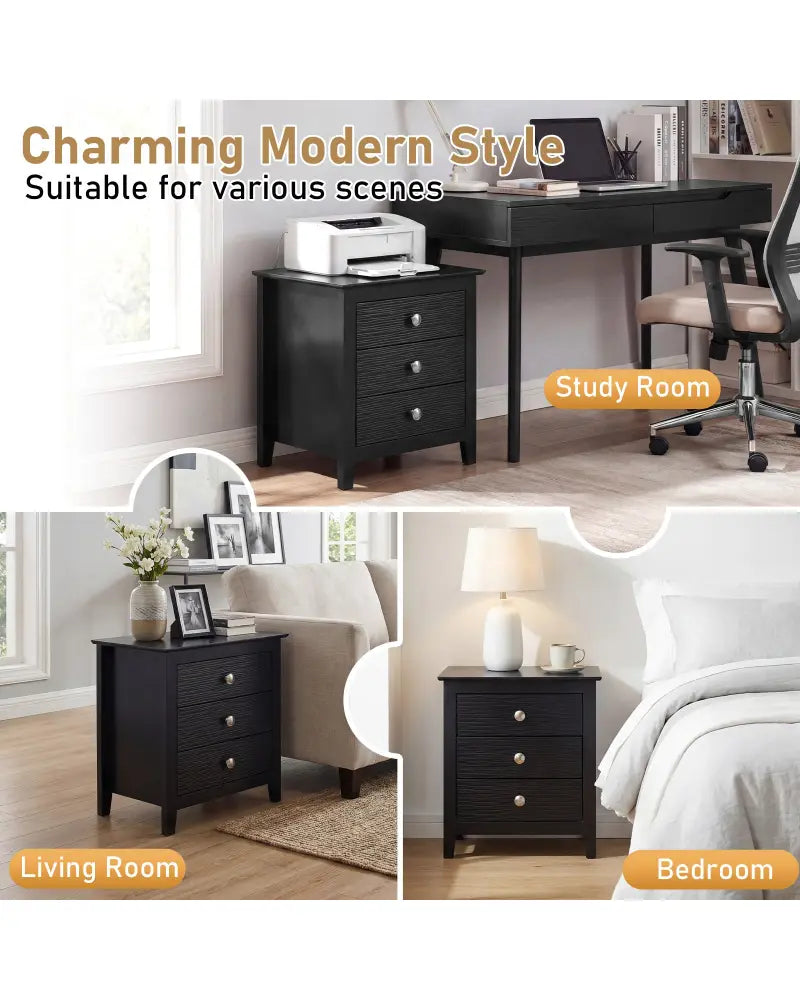 Modern Farmhouse 3-Drawer Night Stand with Wood Grain Accents for Bedroom-Black - Black - Nightstands