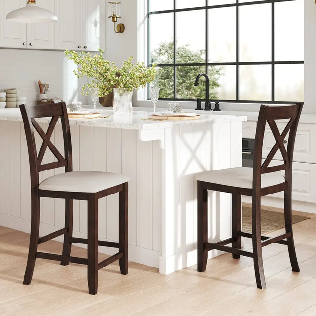 Modern Farmhouse Counter Height Stools with Footrest and Cushion-Walnut - Walnut - Bar Stools