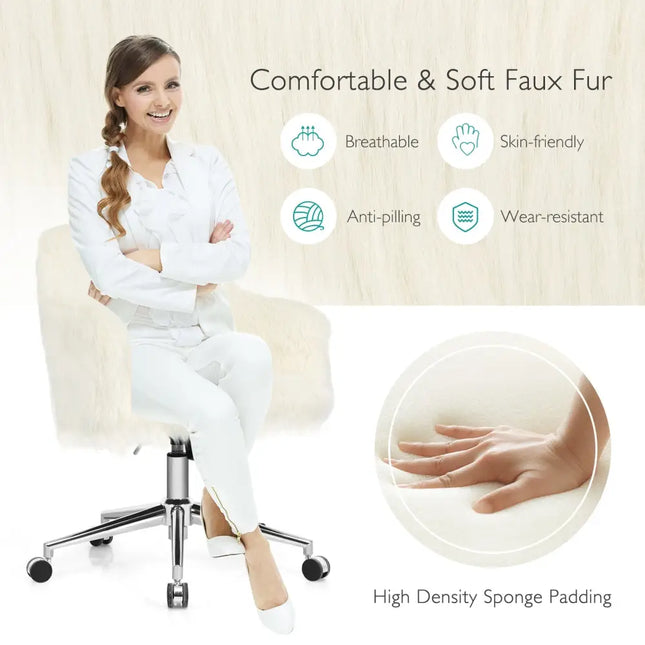 Modern Fluffy Faux Fur Vanity Office Chair for Teens Girls-Beige - Beige - Leisure Chairs