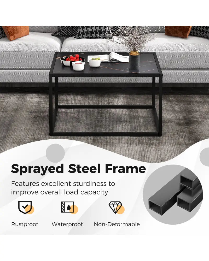 Modern Glass Square Coffee Table with Metal Frame for Living Room-Black - Black - Coffee Tables