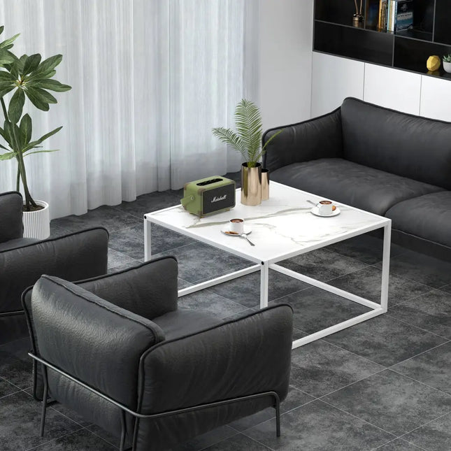 Modern Glass Square Coffee Table with Metal Frame for Living Room-White - White - Coffee Tables