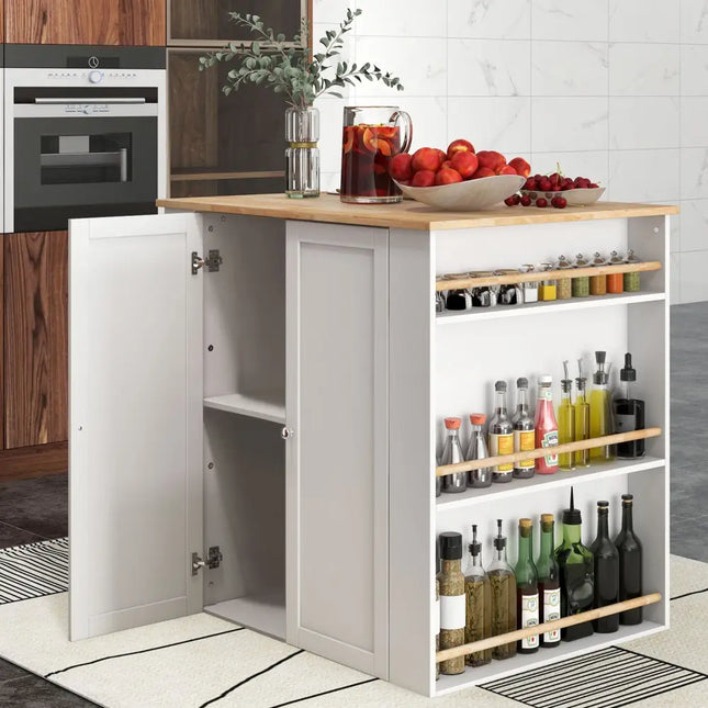 Modern Kitchen Island with Rubber Wood Countertop and Storage-White - White - Kitchen Islands & Carts