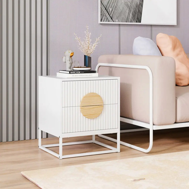 Modern Mid Century Fluted Nightstand with 2 Drawers and Pine Wood Handles for Bedroom-White - White - Nightstands