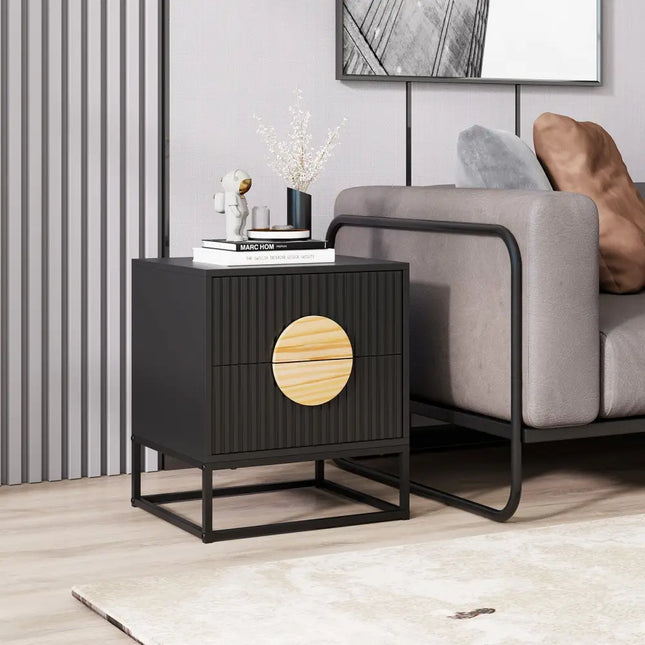 Modern Mid Century Fluted Nightstand with 2 Drawers and Pine Wood Handles for Bedroom-Black - Black - Nightstands