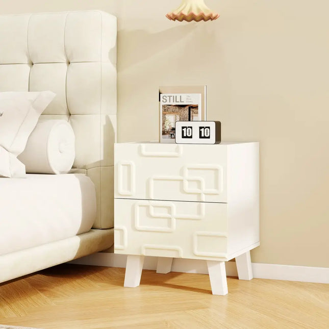 Modern Nightstand Side Table with Drawers and 3D Geometric Patterns-White - White - Nightstands