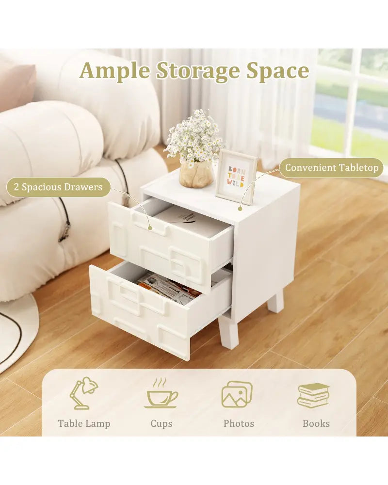 Modern Nightstand Side Table with Drawers and 3D Geometric Patterns-White - White - Nightstands