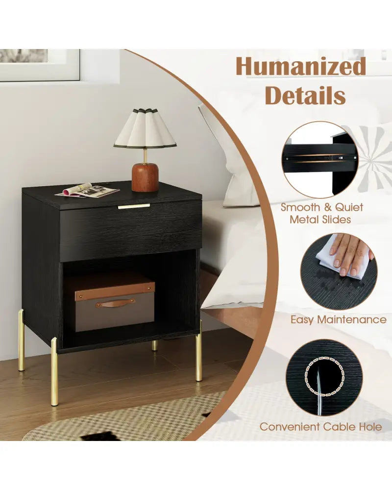Modern Nightstand with Charging Station-Black - Black - Nightstands