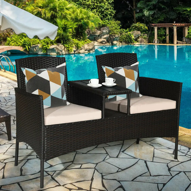 Modern Patio Conversation Set with Built-in Coffee Table and Cushions-Beige - Beige - Patio Conversation Sets