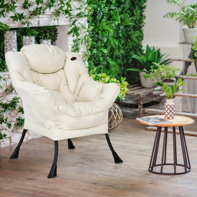 Modern Polyester Fabric Lazy Chair with Steel Frame and Side Pocket-Beige - Beige - Accent Chairs