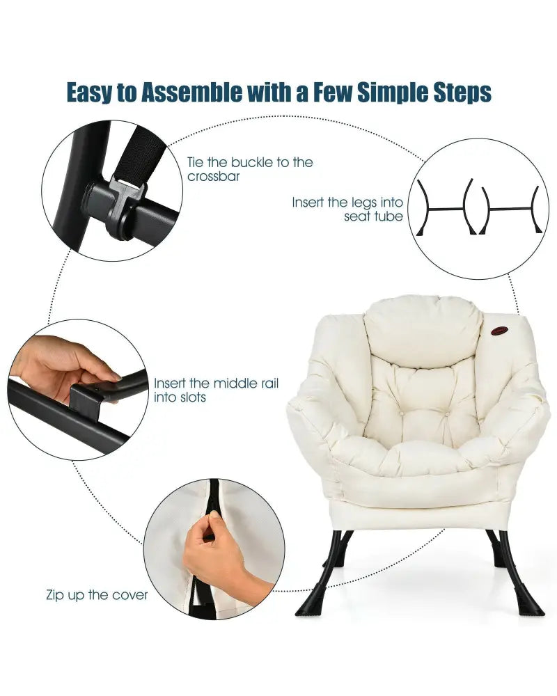 Modern Polyester Fabric Lazy Chair with Steel Frame and Side Pocket-Beige - Beige - Accent Chairs