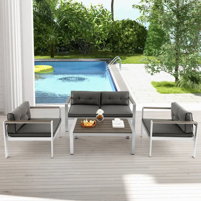 Modern Rectangular Patio Coffee Table with Plastic Wood Tabletop and Rustproof Aluminum Frame-Gray - Gray - Patio