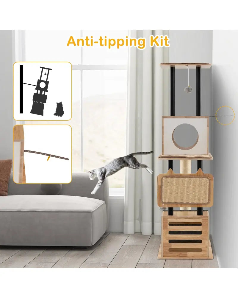 Modern Tall Cat Tower with Double Condos with Dangling Balls and Sisal Carpets-Natural - Natural - Cat Trees Condos &