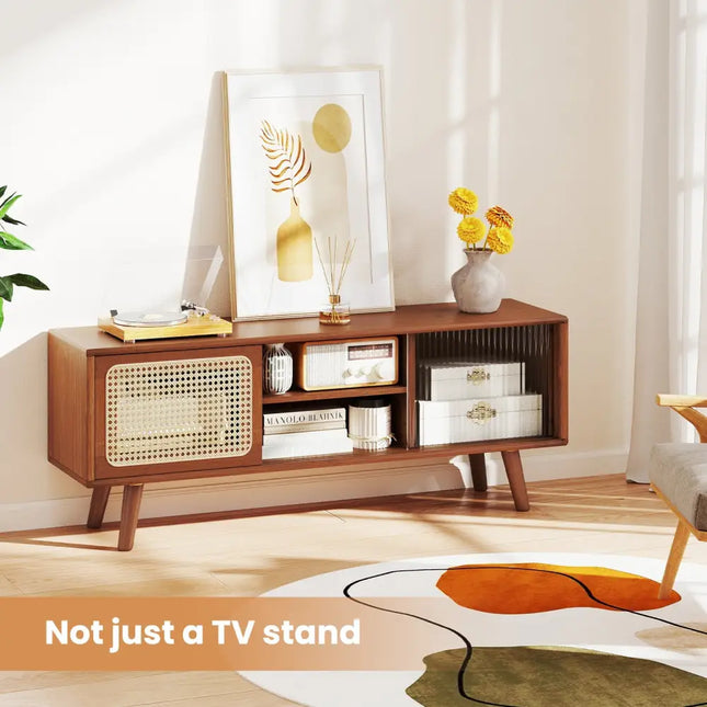 Modern TV Stand with Rattan Glass Sliding Doors-Brown - Brown - Living Room