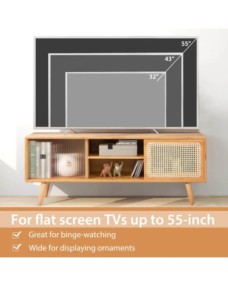 Modern TV Stand with Rattan Glass Sliding Doors-Natural - Natural - Entertainment Centers & TV Stands