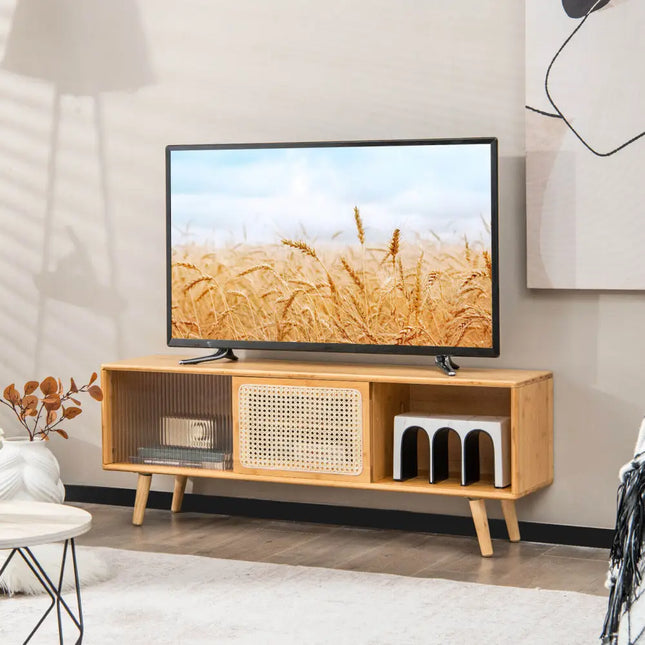 Modern TV Stand with Rattan Glass Sliding Doors-Natural - Natural - Living Room