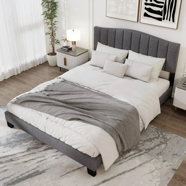 Modern Upholstered Bed Frame with Adjustable Vertical Channel Tufted Headboard-Queen Size - Gray - Simple Bed Frame