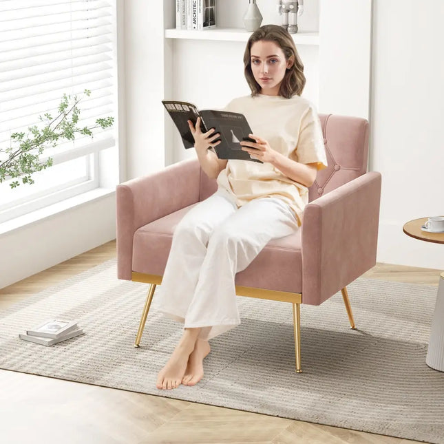Modern Velvet Accent Chair with Button Tufted Back Golden Metal Legs and Adjustable Foot Pads-Pink - Pink - Accent