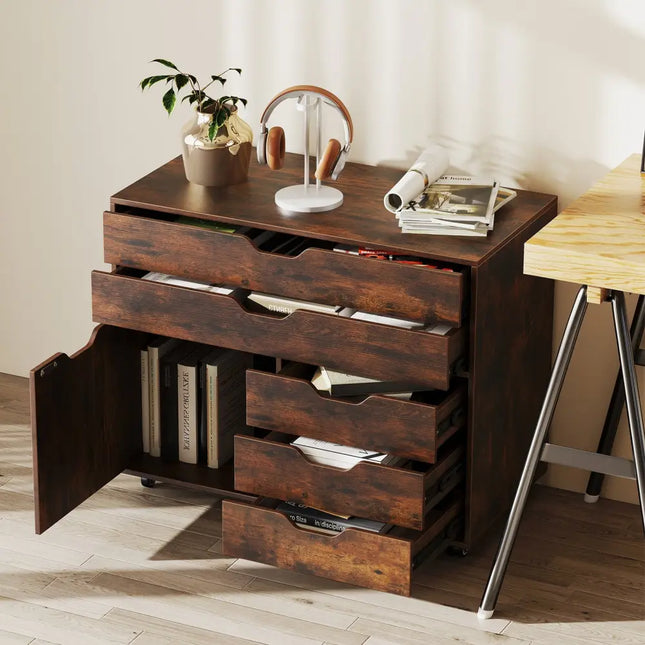 Modern Vertical 5-Drawer Mobile Chest with Door 5 Casters-Brown - Brown - File Cabinets