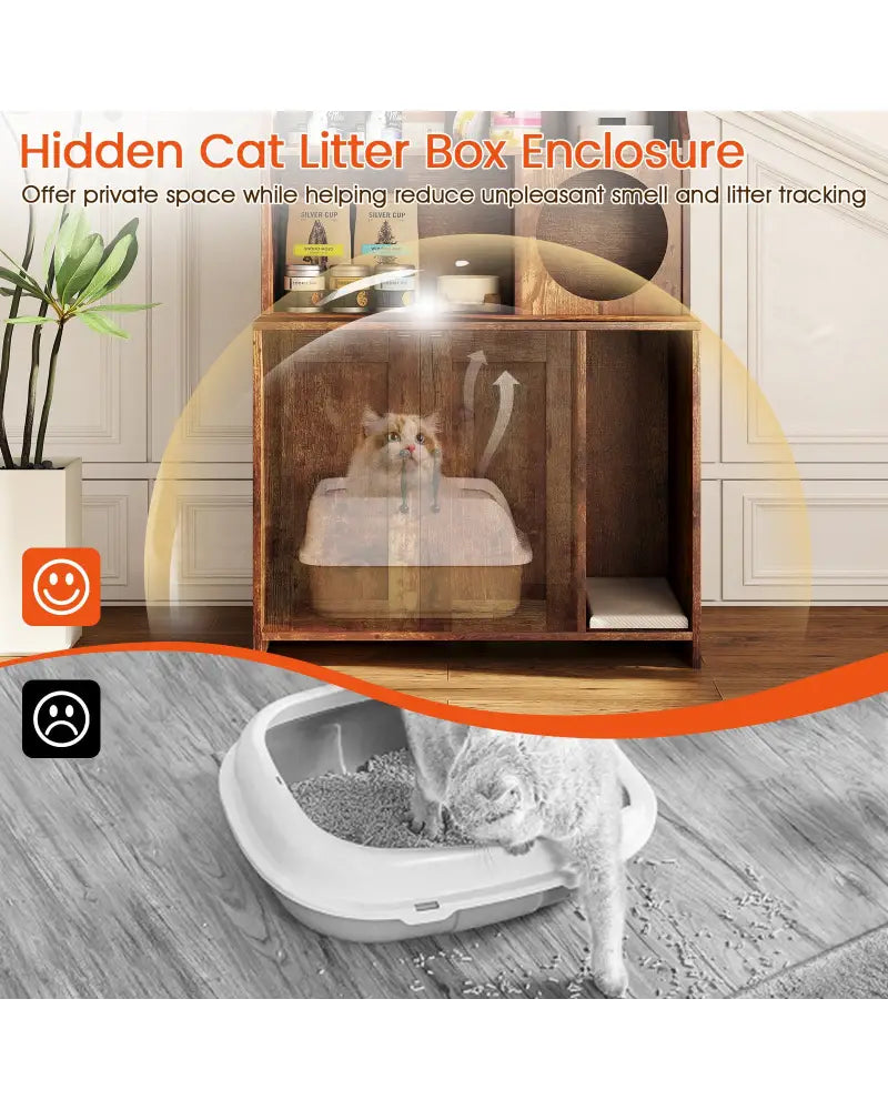 Modern Wooden Industrial Cat Litter Box Enclosure with Storage Shelves-Brown - Brown - Cat Houses