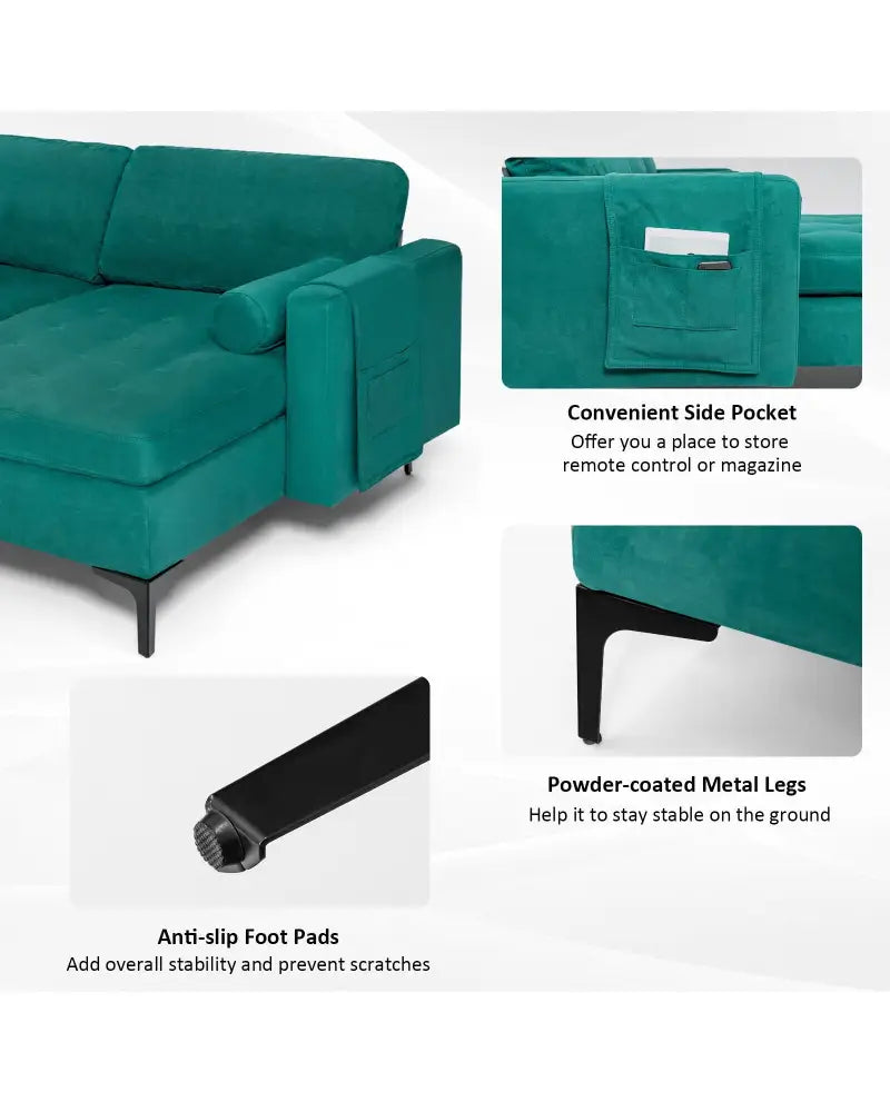 Modular 1/2/3/4-Seat L-Shaped Sectional Sofa Couch with Socket USB Port-3-Seat L-shaped - Teal - Sofas & Loveseats