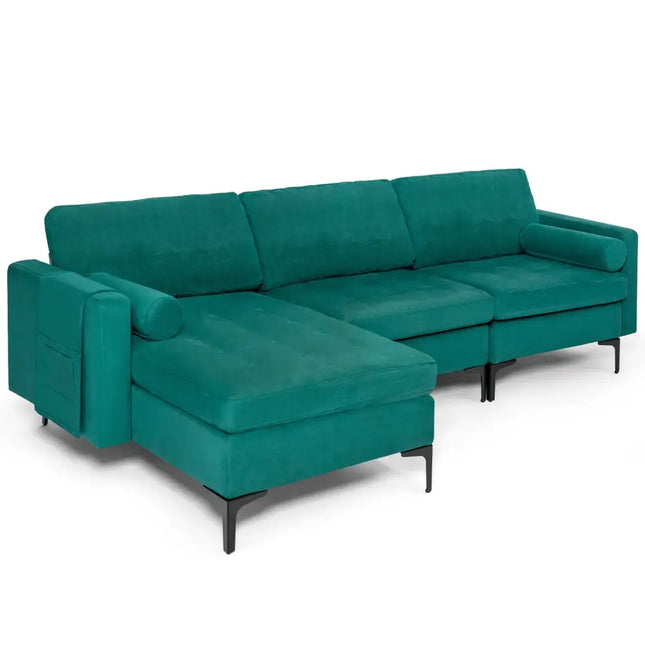 Modular 1/2/3/4-Seat L-Shaped Sectional Sofa Couch with Socket USB Port-3-Seat L-shaped - Teal - Sofas & Loveseats