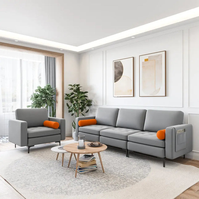 Modular 3-Seat Sofa Couch with Socket USB Ports and Side Storage Pocket-Gray - Gray - Sofas & Loveseats