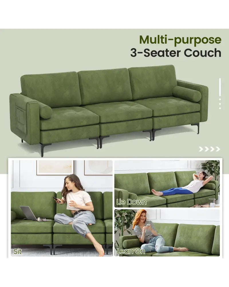 Modular 3-Seat Sofa Couch with Socket USB Ports and Side Storage Pocket-Green - Green - Sofas & Loveseats