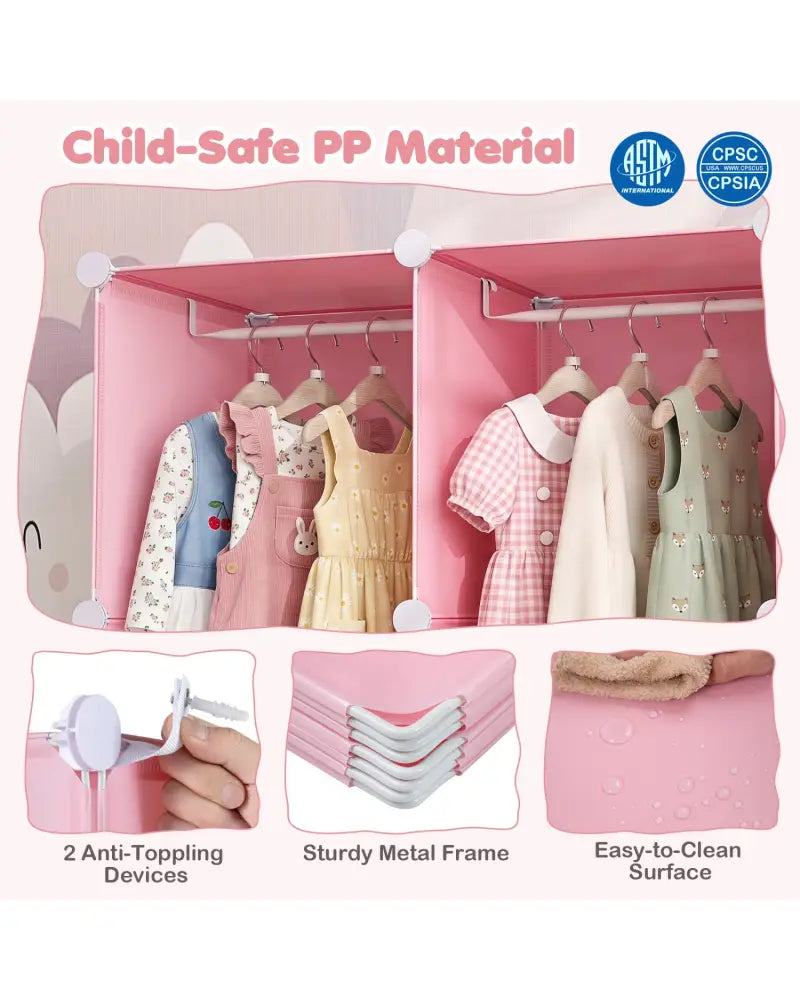 Modular Baby Wardrobe with 13 Cubes and Hanging Rod and Shelves Stackable-Pink - Pink - Kids Storage