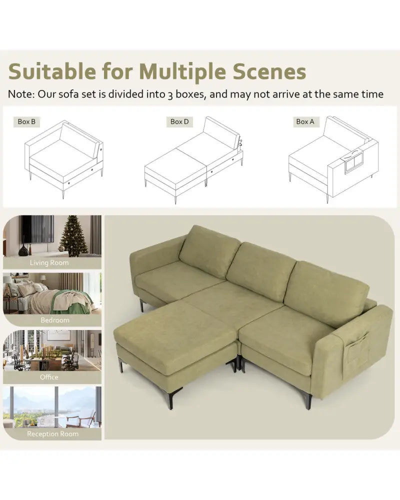 Modular L-shaped Sectional Sofa with Reversible Chaise and 2 USB Ports-Green - Green - Sofas & Loveseats