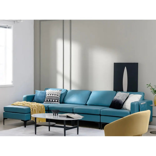 Modular L-shaped Sectional Sofa with Reversible Ottoman and 2 USB Ports-Blue - Blue - Sofas & Loveseats