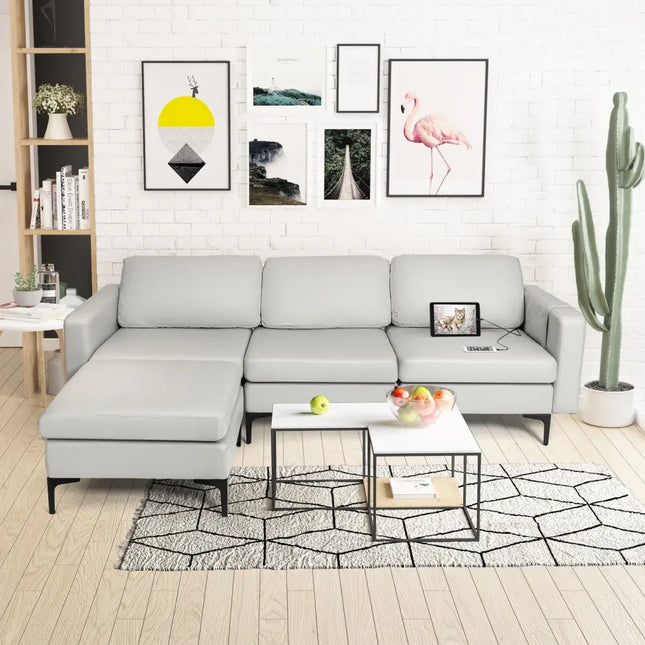 Modular Modern L-shaped Sectional Sofa with Reversible Chaise and 2 USB Ports-Light Gray - Light Gray - Sofas &