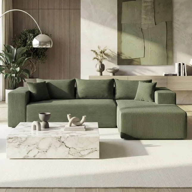 Modular Sectional Sofa Corduroy Upholstered L-shaped Sofa Couch with Deep Seats-Green - Green - Sofas & Loveseats