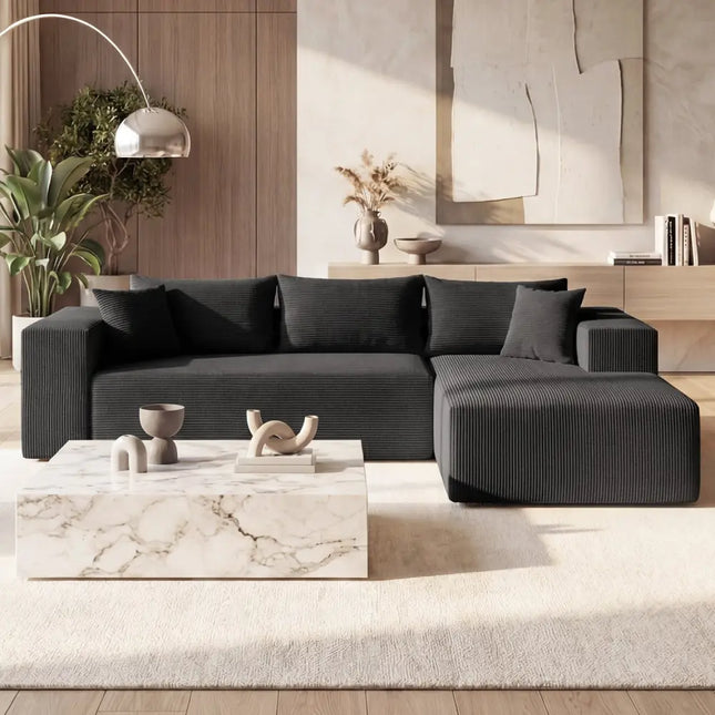 Modular Sectional Sofa Corduroy Upholstered L-shaped Sofa Couch with Deep Seats-Black - Black - Sofas & Loveseats