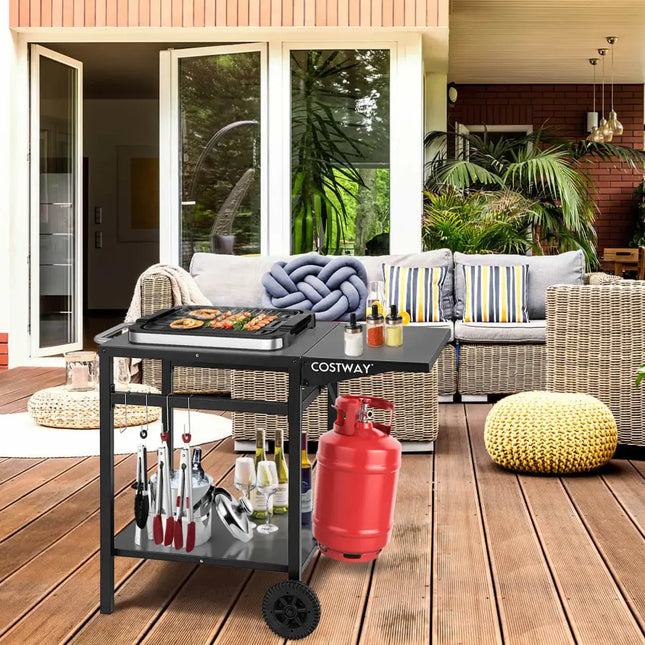 Movable Outdoor Grill Cart with Folding Tabletop and Hooks-Black - Black - Outdoor Grills
