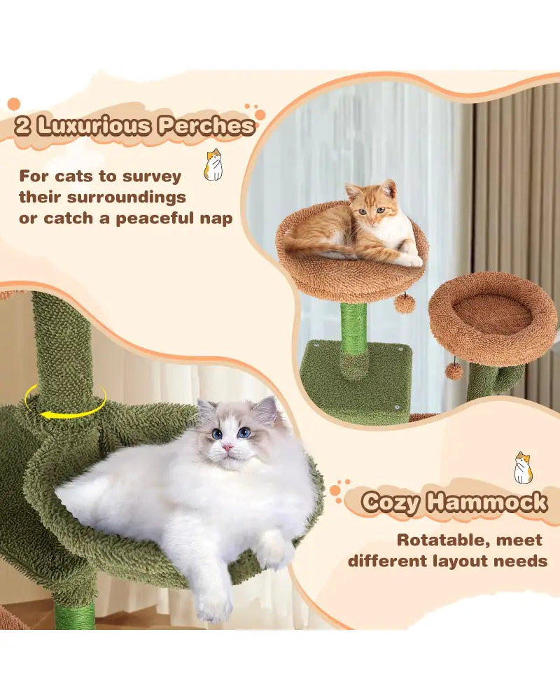 Multi-level Cactus Cat Tree with Scratching Posts Ladder Double Condos and Toys Bed-Green - Green - Cat Trees Condos &