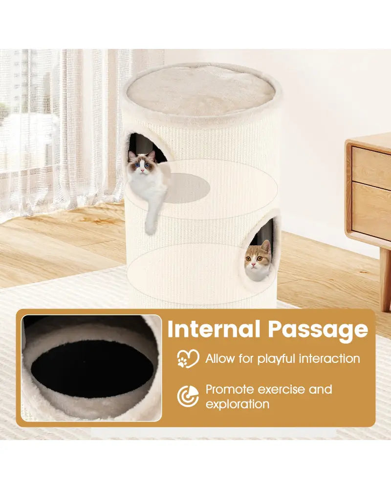 Multi-level Cat House with Sisal Scratching Pad-Beige - Beige - Cat Houses