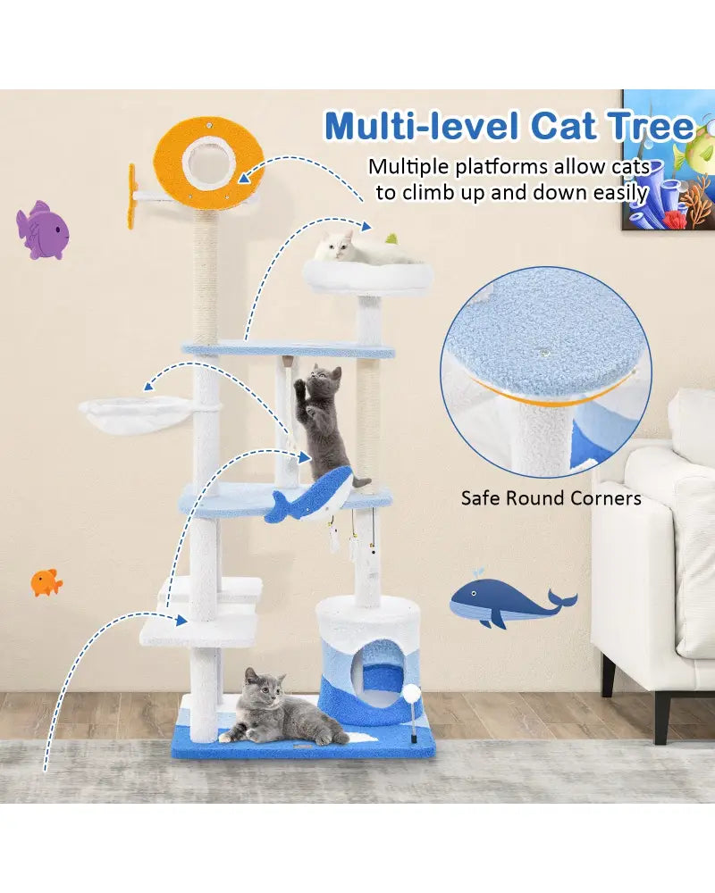 Multi-level Ocean-themed Cat Tree Tower with Sisal Covered Scratching Posts-Blue - Blue - Cat Trees Condos & Scratchers