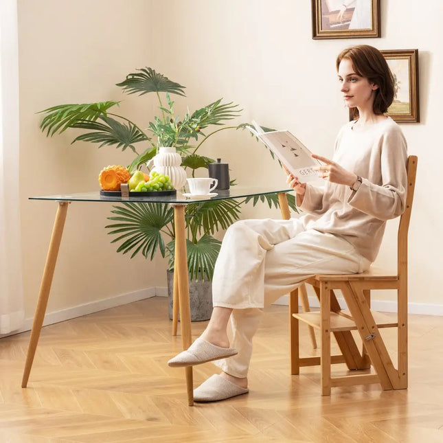 Multifunctional 3-in-1 Ladder Chair Display Plant Stand for Library Kitchen Office-Natural - Natural - Patio Dining