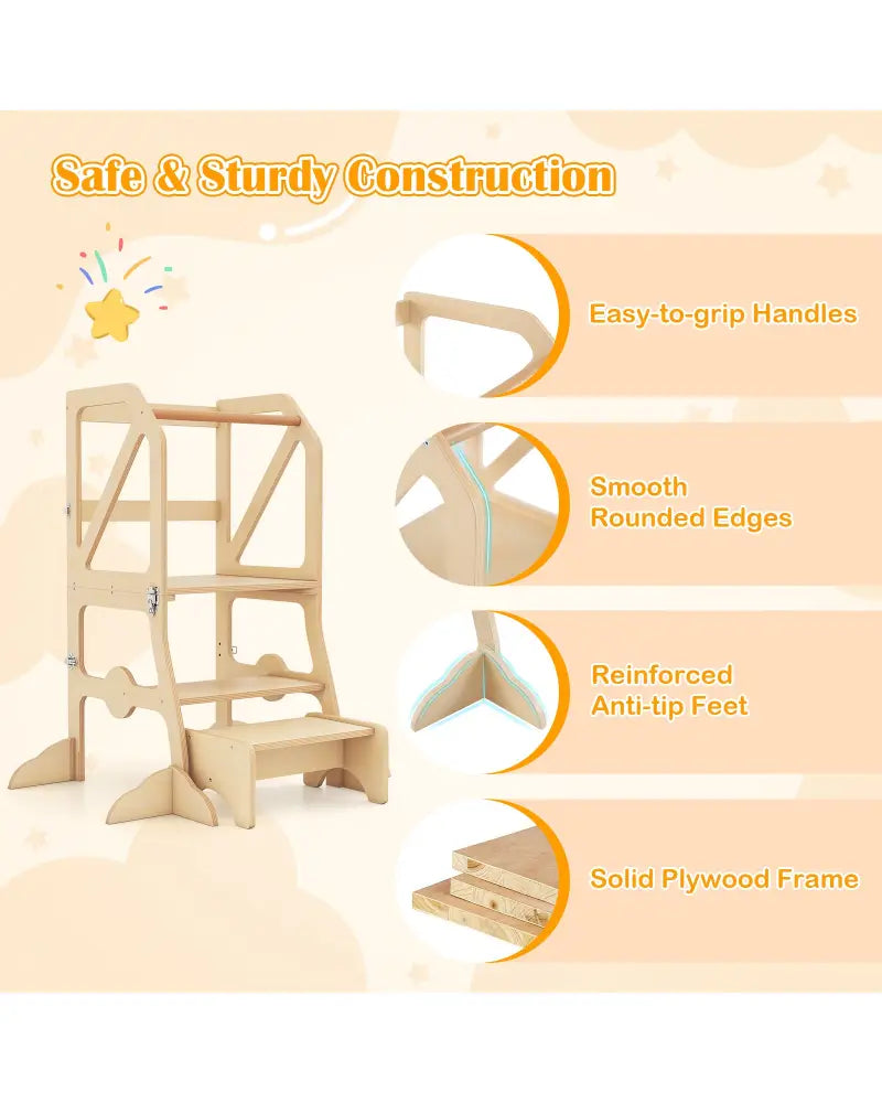 Multifunctional Kids Kitchen Step Stool with Removable Safety Bar and Fixing Buckles - Toddler & Kids Furniture