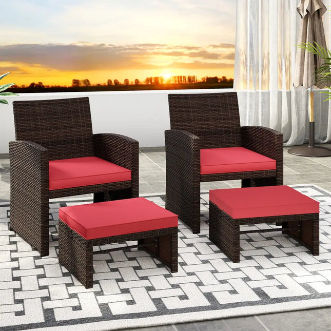 Multipurpose Outdoor 2 Pieces Patio PE Rattan Ottomans Footstool-Red - Red - Outdoor Seating & Patio Chairs