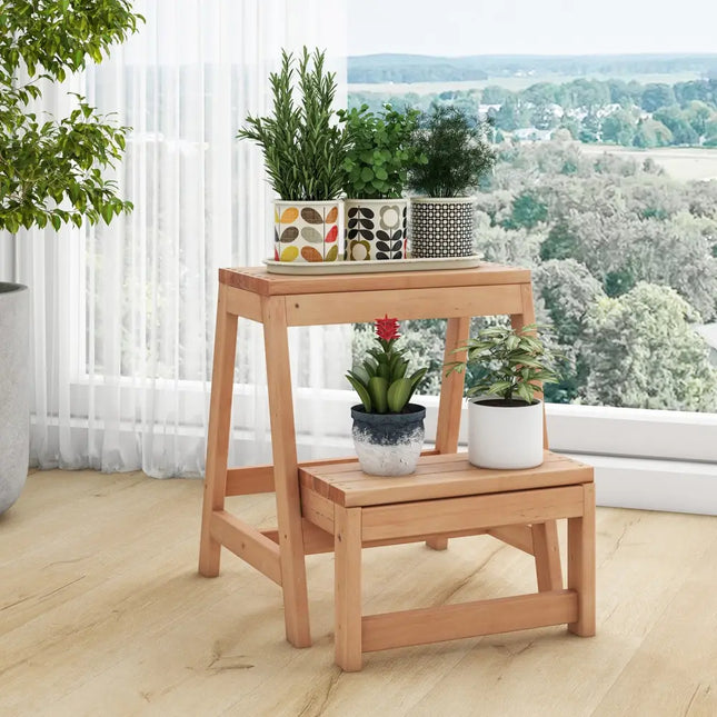 Multipurpose Wood Folding 2-Step Stool for Indoor Outdoor Plant Stand-Natural - Natural - Ladders