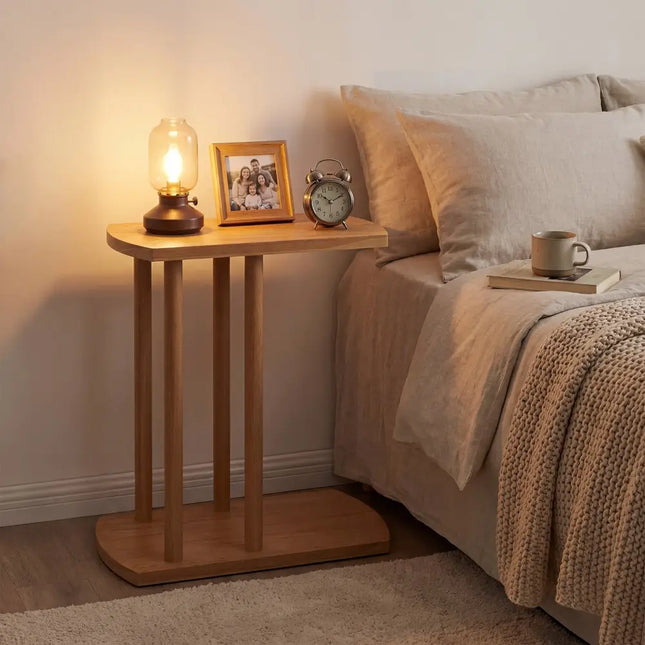 Narrow 2-Tier C-shaped Teak Wood Side Table with Thickened Top and Sturdy Base - End & Side Tables