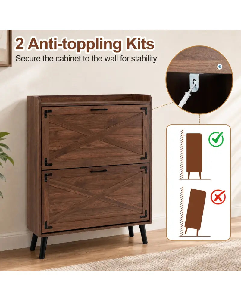 Narrow Shoe Cabinet with Adjustable and Removable Shelves for Entryway-Brown - Brown - Shoe Racks & Storage Benches