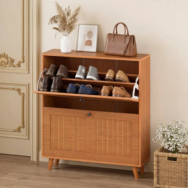 Narrow Shoe Cabinet with Adjustable and Removable Shelves for Entryway Foyer-Oak - Oak - Shoe Racks & Storage Benches