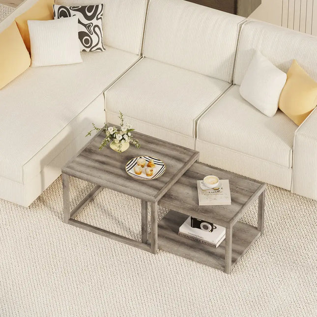 Nesting Coffee Table Set of 2 Stackable Rectangular End Tables-Gray - Gray - End & Side Tables