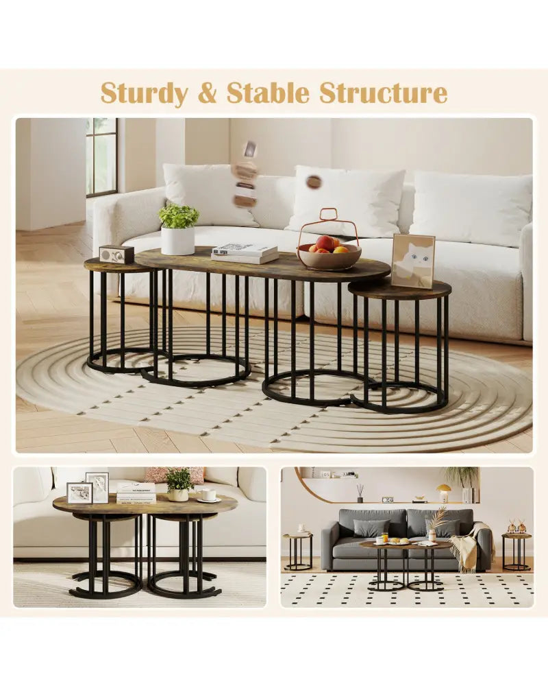 Nesting Coffee Table Set of 3 with Faux Marble Tabletop and Powder-coated Gold Metal Frame-Rustic Brown - Rustic Brown
