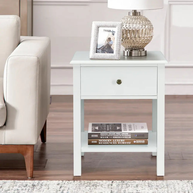 Nightstand End Table with Drawer and Shelf-White - White - Nightstands