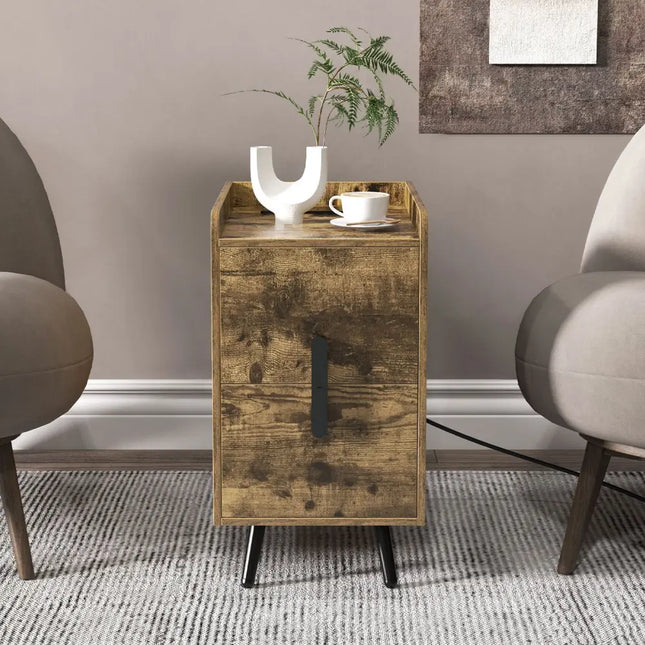 Nightstand Side Tables with 2 Drawers and 2 USB Ports-Rustic Brown - Rustic Brown - Nightstands