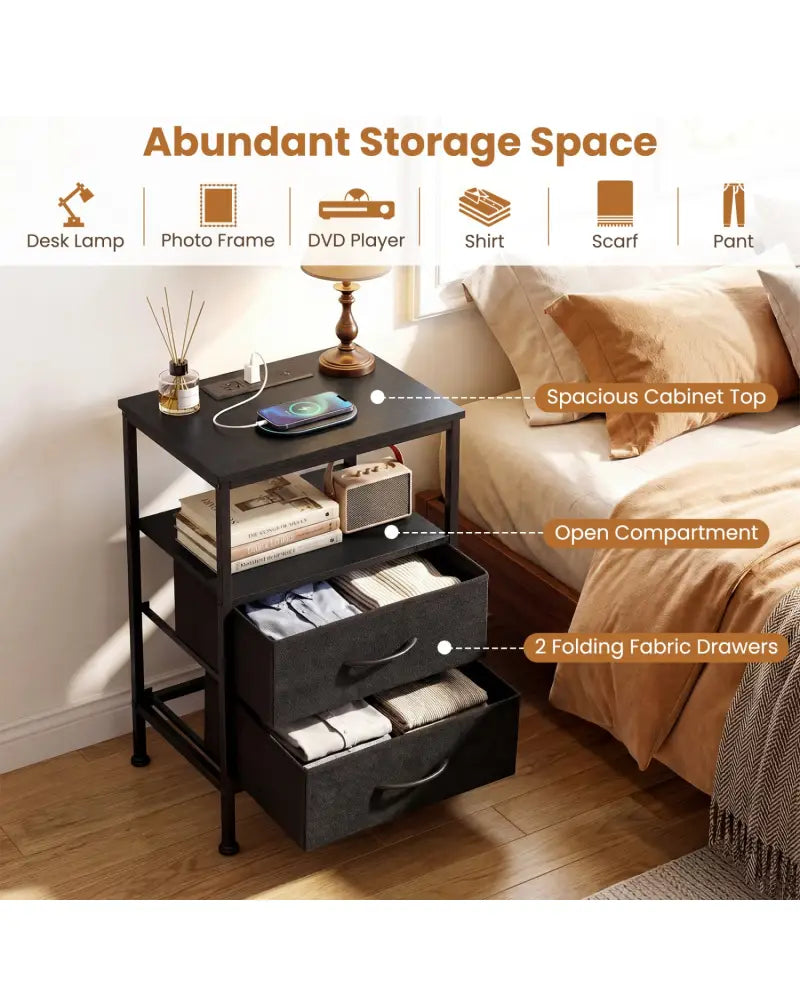 Nightstand with Charging Station 24.5 inch Modern Bedside Table with 2 Fabric Drawers-Black - Black - Nightstands