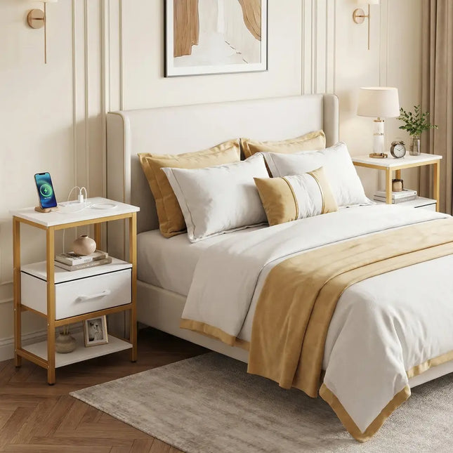 Nightstand with Charging Station and Adjustable Fabric Drawer for Bedroom and Living Room-Set of 2 - Nightstands